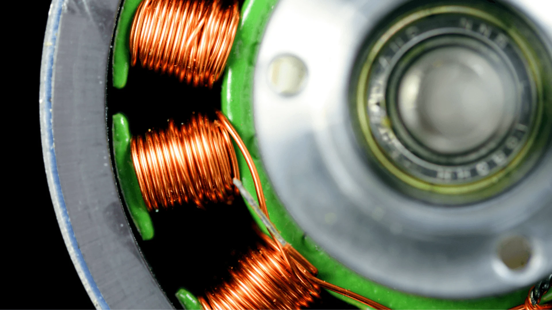 Close-up of the copper windings inside a brushless DC motor